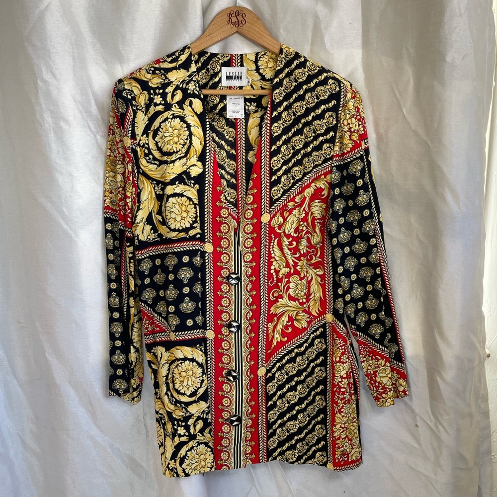 VTG 90’s Italian Designer Inspired Baroque Print Button Down V-Neck Blouse